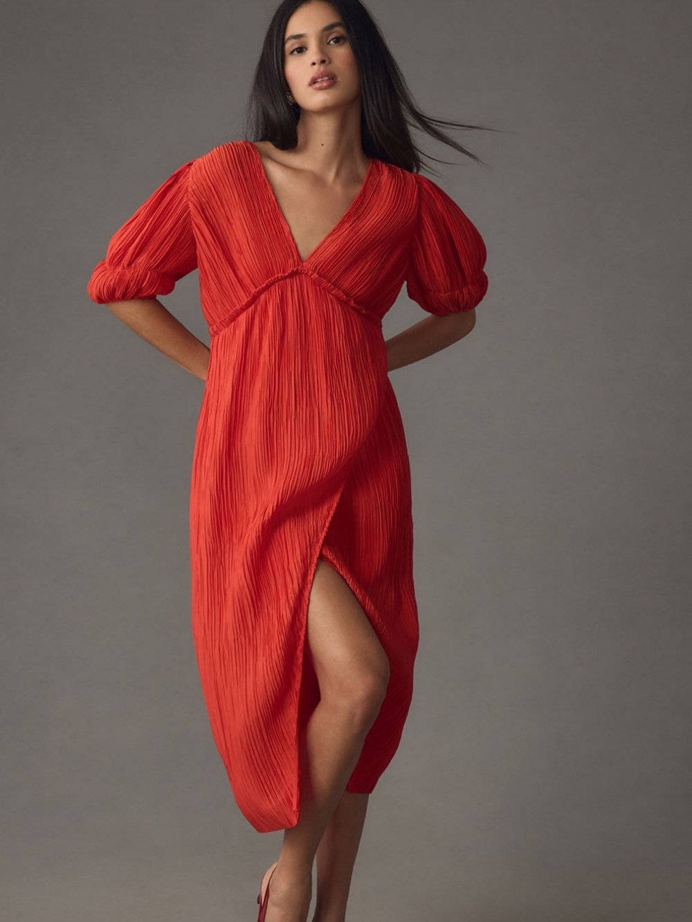 Anthropologie V-Neck Pleated Slim Midi Dress Red Size Medium